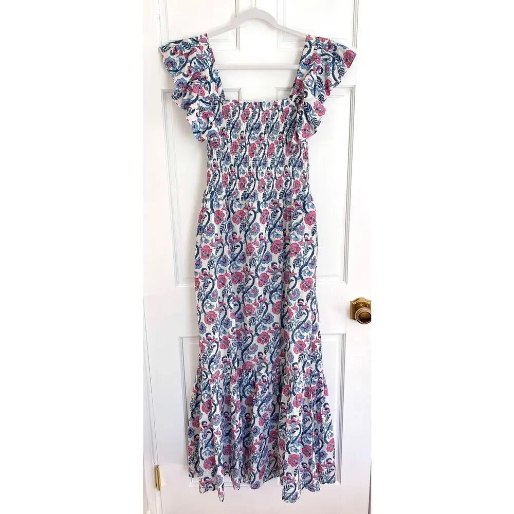 ANNA CATE Giselle Dress Blue Pink Floral Block Print Ruffle Smocked Maxi - Picture 3 of 8